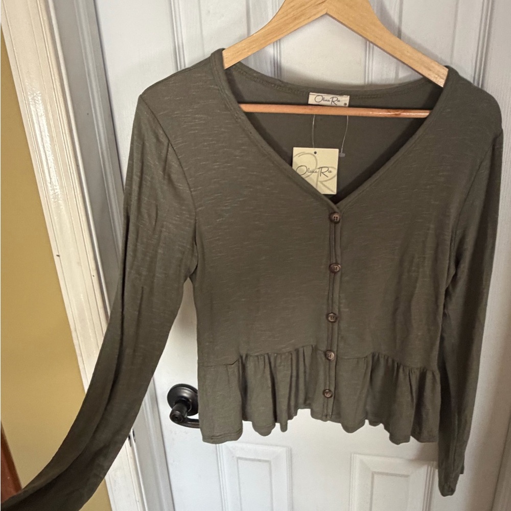 Olivia Rae Olive Green Button-Front Peplum Top